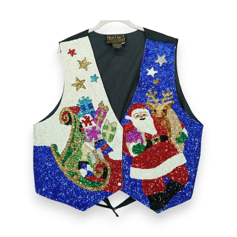 Vintage Bali Chic Full Sequin Fancy Vest Santa Christmas 90s Ugly Sweater XXL
